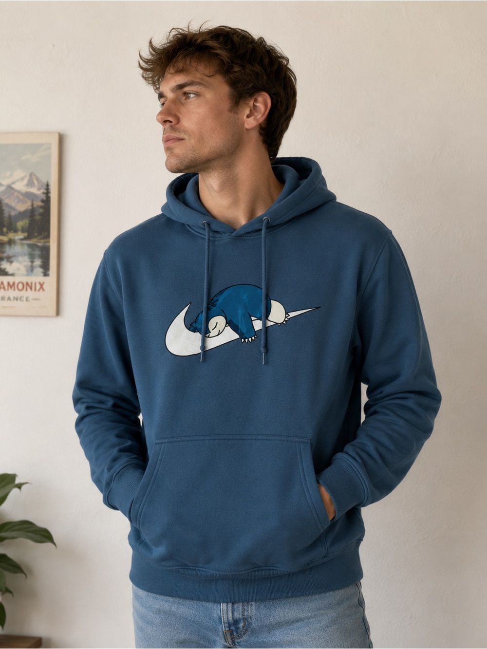 Teal Pullover Hoodie with White Swoosh and Sleeping Creature